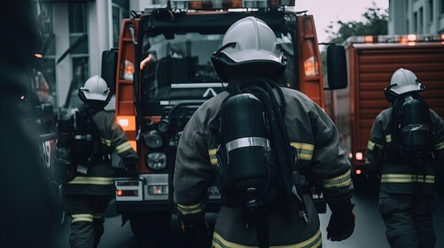 back view on firefighters in front of a fire truck. Generative AI