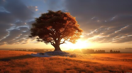 A colorful tree in a gorgeous field with a sunset. Generative ai.