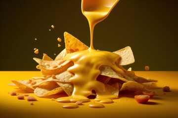 Nachos with melted cheese on a black background, Generative AI