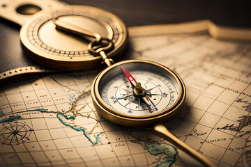 Fototapeta na wymiar compass on map with vintage style
