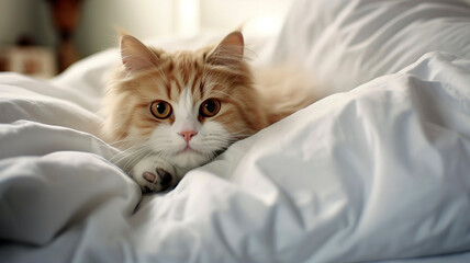 Obraz premium Cat lying in bedding and looking out.