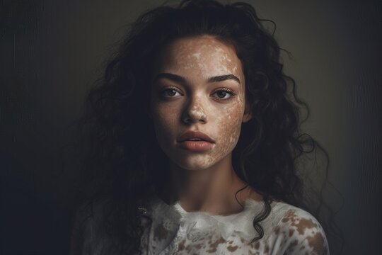 Portrait of young and beautiful black woman with vitiligo skin disorder. Generative ai image