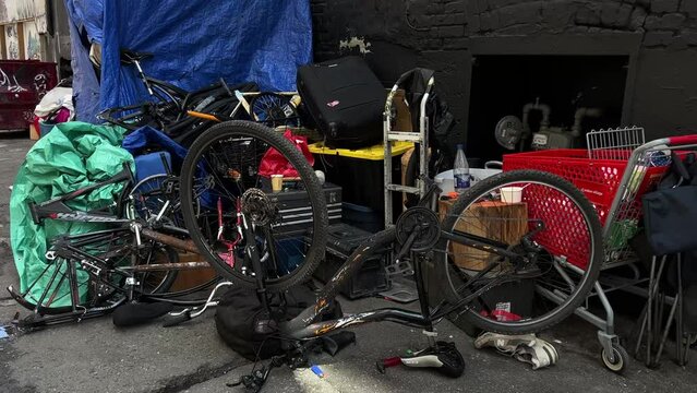 Life of homeless people in a big city Freedom of choice homeless in big city dirt slackers drugs Vancouver street Downtown Eastside Canada 2023