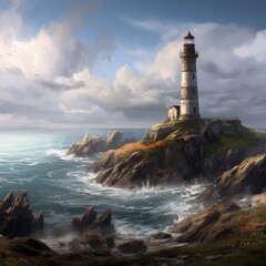Naklejka premium A tall lighthouse stands amidst a ocean. Generative AI