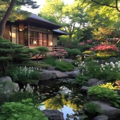 Abstract landscape of a mysterious house in the forest. Generative AI.