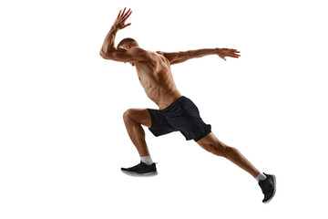 Competitive, motivated man, professional runner, sportsman in motion, training shirtless against white studio background