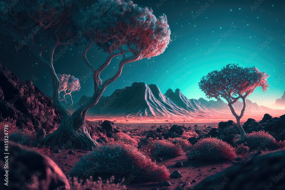 Wall mural fluffy glowing alien trees on the surface of a planet ,made with generative ai