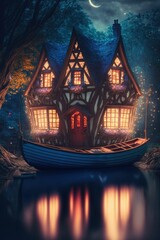 Fototapeta na wymiar Fairy tale landscape house on a sailing boat ,made with Generative AI