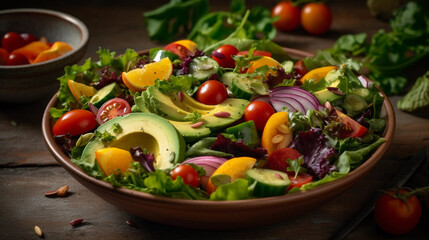 A bowl of colorful and nutritious salad with mixed greens, cherry tomatoes, and avocado slices