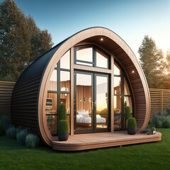Small rustic barrel shaped cabin, tiny house or shed in the garden ,made with Generative AI