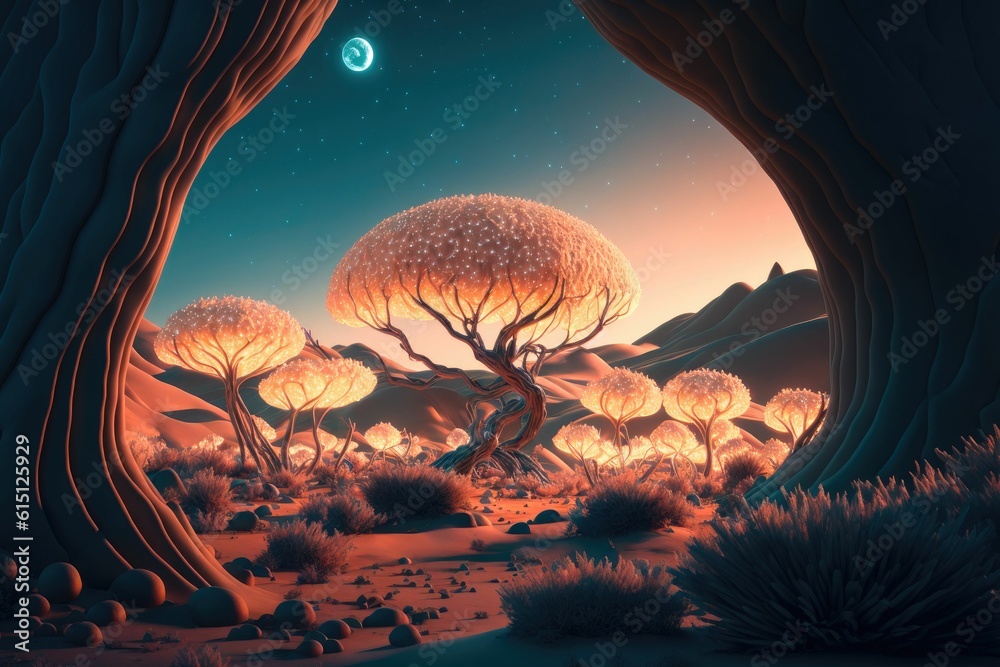 Wall mural fluffy glowing alien trees on the surface of a planet ,made with generative ai