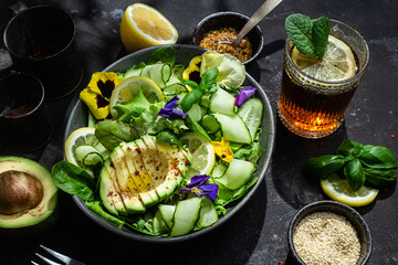 Spinach, avocado and cucumber salad. Food styling