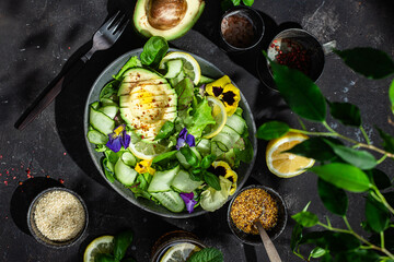 Spinach, avocado and cucumber salad. Food styling