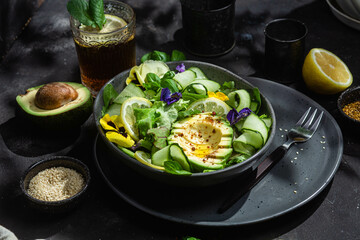 Spinach, avocado and cucumber salad. Food styling