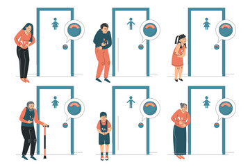 People with diarrhea standing at closed toilet door set vector isolated. Pain in belly, stomachache. Occupied public restroom. Women and men suffer from pain in belly.,