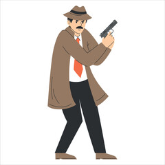 Private detective with a gun vector isolated. Illustration af a male character in a coat holding pistol and chading criminal. Crime investigation, persecution. Armed spy.