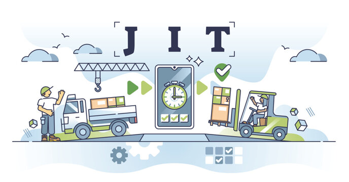 JIT or just in time delivery and warehouse management system outline concept. Lean manufacturing strategy with effective logistics planning from supply chain to fast shipping vector illustration.