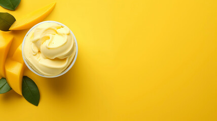Minimalist yellow mango ice cream background with copy space.