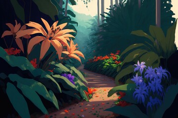 Path through a lush green forest filled with lots of trees and plants ,made with Generative AI