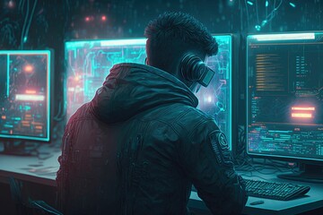Fototapeta premium A professional hacker in a hood is working on hacking servers and websites ,made with Generative AI