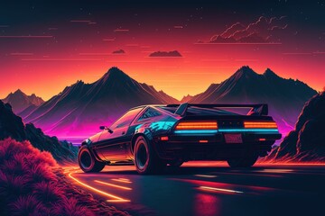 Fototapeta na wymiar Synthwave illustration of retro futuristic car on city street in neon colors ,made with Generative AI