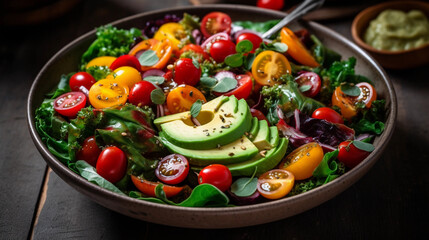 A bowl of colorful and nutritious salad with mixed greens, cherry tomatoes, and avocado slices
