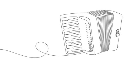 One continuous line drawing of musical instrument accordion isolated on white background with place for text. Hand drawn classical bayan music instrument. Vector illustration