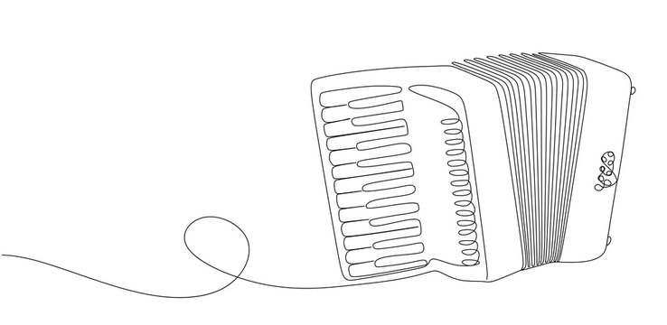 One continuous line drawing of musical instrument accordion isolated on white background with place for text. Hand drawn classical bayan music instrument. Vector illustration
