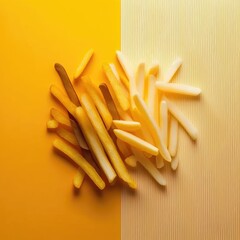 Crispy french fries on a table, yellow background ,made with Generative AI