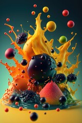 Fruits with slices and juice splash, flying smoothie explosion ,made with Generative AI