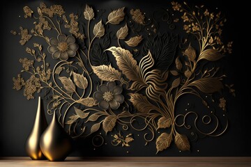 Golden floral mural, luxury home decor, golden and black flowers and leaves ,made with Generative AI