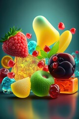 Assorted jelly gum fruit candy and fruit slices ,made with Generative AI