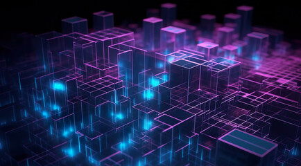 Obraz premium Abstract blue purple glitch blockchain futuristic background, technology cyber concept