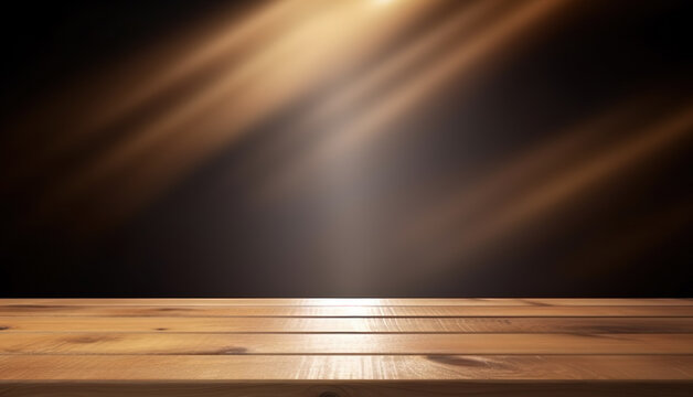 Blank wooden tabletop with light on black background, mockup and display for presentation in kitchen and restaurant