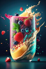 Fruits with slices and juice splash, flying smoothie explosion ,made with Generative AI