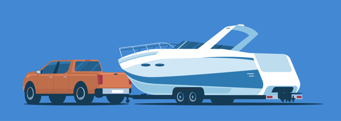 Pickup truck transports a boat on a trailer. Vector illustration.