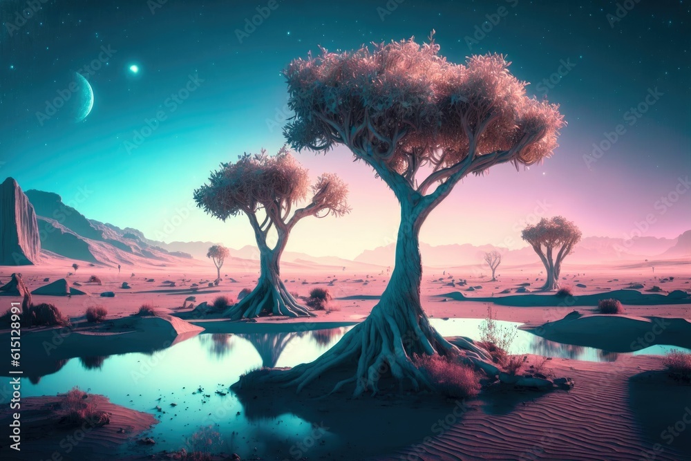 Wall mural fluffy glowing alien trees on the surface of a planet ,made with generative ai