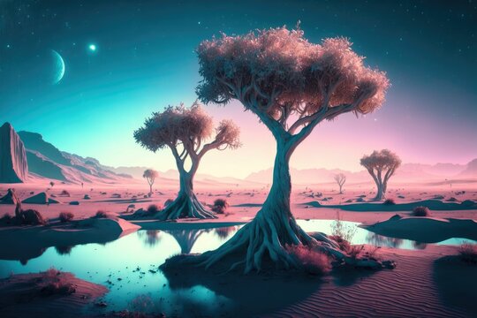 Fluffy glowing alien trees on the surface of a planet ,made with Generative AI