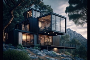 Fototapeta premium Tiny ecologic house, shipping container futuristic home ,made with Generative AI
