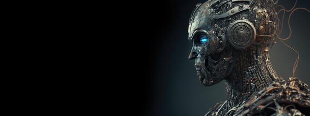 Artificial intelligence robot head on dark background with copy space ,made with Generative AI