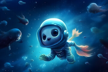 Cute cartoon animal floating in space. Generative AI