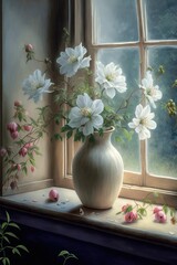Serenity: a flower vase on a window sill ,made with Generative AI