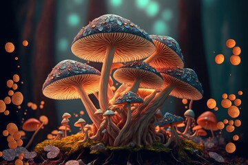 Glowing mushroom with fireflies in the magic forest ,made with Generative AI