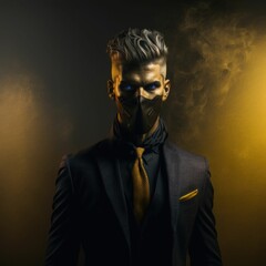 Fototapeta premium Sinister corporate overlord in a masked villain persona wearing a suit ,not a real person ,made with Generative AI