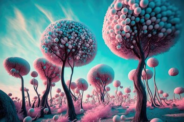 Abstract landscape with cotton candy trees ,made with Generative AI