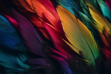 Close-up of colorful feathers background. Generative AI