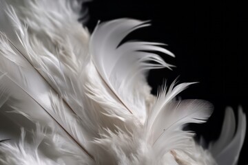 Close-up of white feathers on black background. Generative AI