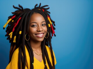 African american woman with dreadlocks. Blue background. Generative AI
