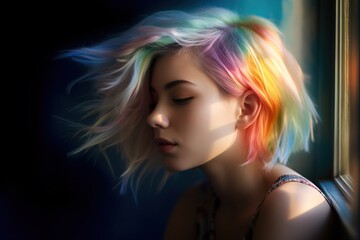 Portrait of woman with bright colored flying hair. Professional hair coloring. Generative ai image