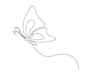 Continuous one line drawing of Butterfly. Simple flying butterfly line art vector illustration with editable Stroke.